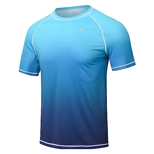 Huayuzh Herren UV Shirt Rashguard T-Shirt Schwimm Shirt Schnelltrocknend Leicht Atmungsaktiv Surfen Angeln Wandern Top Verlaufsfarbe Blau XL von Huayuzh