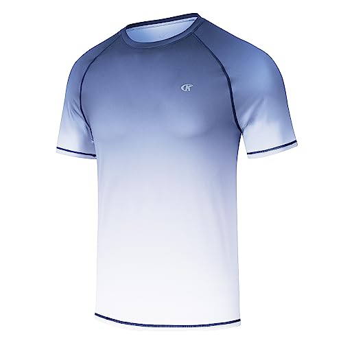 Huayuzh Herren UV Shirt Rashguard T-Shirt Schwimm Shirt Schnelltrocknend Leicht Atmungsaktiv Surfen Angeln Wandern Top Verlaufsfarbe Marineblau XL von Huayuzh