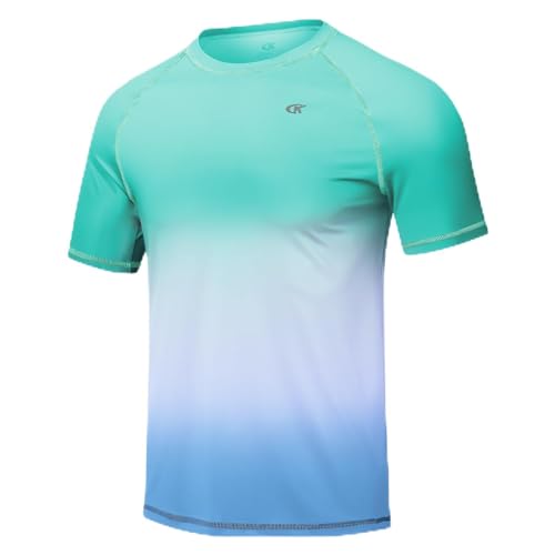 Huayuzh Herren UV Shirt Rashguard T-Shirt Schwimm Shirt Schnelltrocknend Leicht Atmungsaktiv Surfen Angeln Wandern Top Grüner Farbverlauf Blau 2XL von Huayuzh