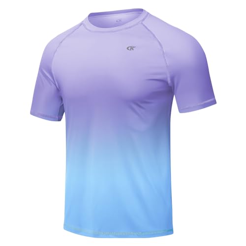 Huayuzh Herren UV Shirt Rashguard T-Shirt Schwimm Shirt Schnelltrocknend Leicht Atmungsaktiv Surfen Angeln Wandern Top Lila Farbverlauf Himmelblau XXL von Huayuzh