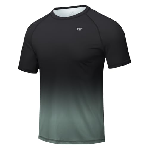 Huayuzh Herren UV Shirt Rashguard T-Shirt Schwimm Shirt Schnelltrocknend Leicht Atmungsaktiv Surfen Angeln Wandern Top Schwarzer Farbverlauf Dunkelgrau L von Huayuzh