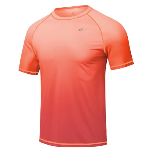 Huayuzh Herren Rashguard T-Shirt Schwimm Shirt Schnelltrocknend Leicht Atmungsaktiv Surfen Angeln Wandern Shortsleeve Top Verlaufsfarbe Orange M von Huayuzh