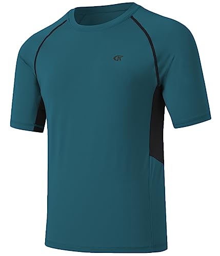 Huayuzh Herren Rashguard UPF 50+ Rashguard Kurzarm Schwimmshirt Schnell trocknend Surfen Pool Workout Strand Sport Top, C-pfauenblau, S 7-9 von Huayuzh