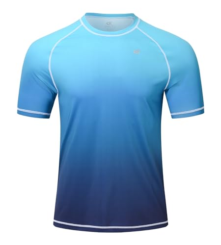 Huayuzh Herren Wassersport Rash Guards Schwimmshirt UV Swim Top UPF 50+ Schnell trocknend Kurzarm Surfen Laufen Sport Top, 1 - blauer Farbverlauf, 56 von Huayuzh