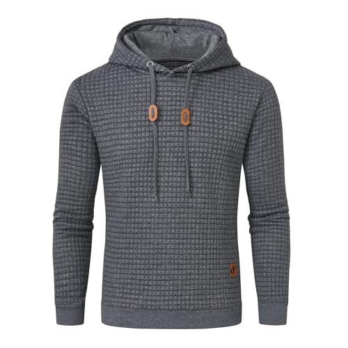 Huayuzh Hoodie Herren Kapuzenpullover Casual Langarm Karierten Jacquard Hooded Sweat Sweatshirt mit Kordelzug Kapuze Dunkelgrau L von Huayuzh