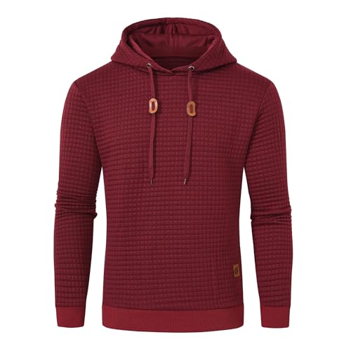 Huayuzh Hoodie Herren Kapuzenpullover Casual Langarm Karierten Jacquard Hooded Sweat Sweatshirt mit Kordelzug Kapuze Weinrot L von Huayuzh