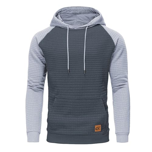 Huayuzh Hoodie Herren Kapuzenpullover Casual Langarm Karierten Kordelzug Jacquard Sweatshirt mit Kapuze Taschen Grau Farbblock Hellgrau L von Huayuzh