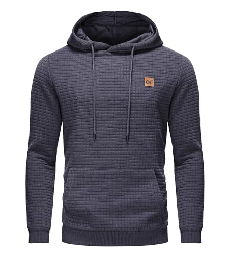 Huayuzh Hoodie Herren Kapuzenpullover Casual Langarm Karierten Kordelzug Jacquard Sweatshirt mit Kapuze Taschen Graublau L von Huayuzh