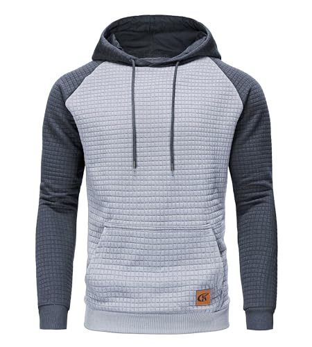 Huayuzh Hoodie Herren Kapuzenpullover Casual Patchwork Langarm Karierten Kordelzug Jacquard Sweatshirt mit Kapuze Taschen Hellgrau Grau L von Huayuzh