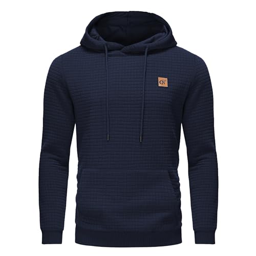 Huayuzh Hoodie Herren Kapuzenpullover Casual Langarm Karierten Kordelzug Jacquard Sweatshirt mit Kapuze Taschen Navyblue 4XL von Huayuzh