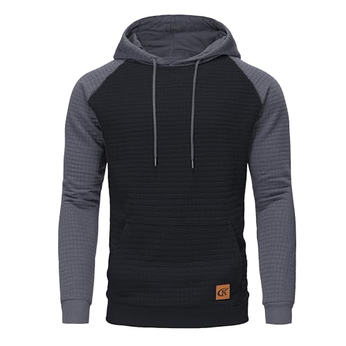 Huayuzh Hoodie Herren Kapuzenpullover Casual Langarm Karierten Kordelzug Jacquard Sweatshirt mit Kapuze Taschen Schwarz Farbblock Graublau L von Huayuzh