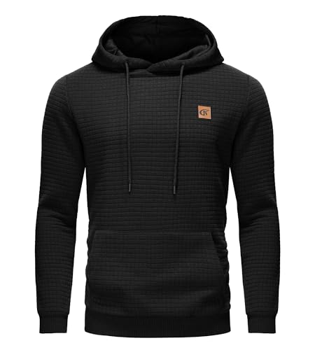 Huayuzh Hoodie Herren Kapuzenpullover Casual Langarm Karierten Kordelzug Jacquard Sweatshirt mit Kapuze Taschen Schwarz L von Huayuzh