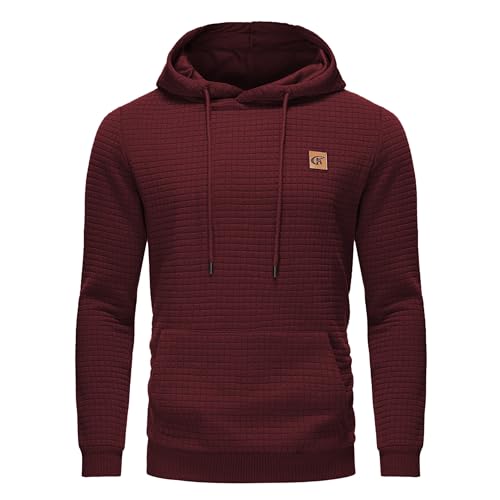 Huayuzh Hoodie Herren Kapuzenpullover Casual Langarm Karierten Kordelzug Jacquard Sweatshirt mit Kapuze Taschen Weinrot XXL von Huayuzh