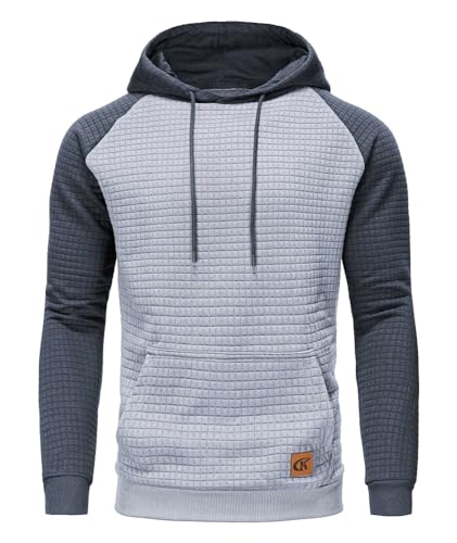 Huayuzh Hoodie Herren Kapuzenpullover Casual Patchwork Langarm Karierten Kordelzug Jacquard Sweatshirt mit Kapuze Taschen Hellgrau Grau 4XL von Huayuzh