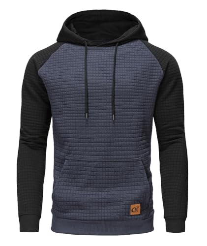 Huayuzh Hoodie Herren Kapuzenpullover Casual Patchwork Langarm Karierten Kordelzug Jacquard Sweatshirt mit Kapuze Taschen Indigo Schwarz XXL von Huayuzh