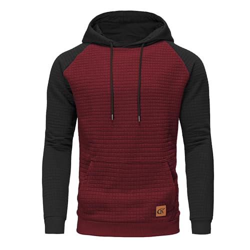 Huayuzh Hoodie Herren Kapuzenpullover Casual Patchwork Langarm Karierten Kordelzug Jacquard Sweatshirt mit Kapuze Taschen Weinrot Schwarz M von Huayuzh