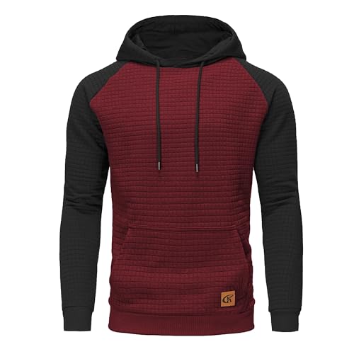 Huayuzh Hoodie Herren Kapuzenpullover Casual Patchwork Langarm Karierten Kordelzug Jacquard Sweatshirt mit Kapuze Taschen Weinrot Schwarz XL von Huayuzh