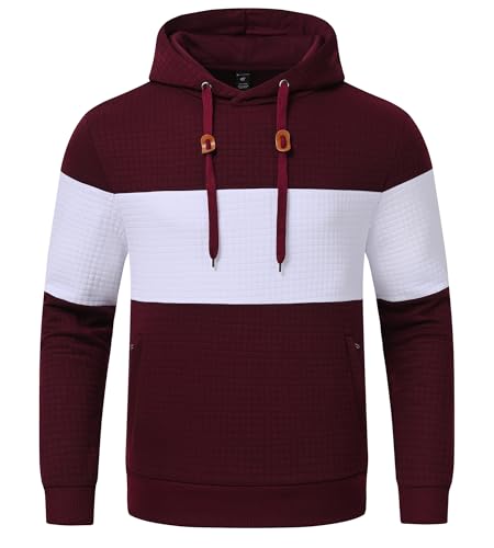 Huayuzh Hoodie Herren Oversize Kapuzenpullover für Herren Langarm Freizeit Jacquard Farbblock Sweatshirt mit Zip Taschen Claret Weiß 2XL von Huayuzh