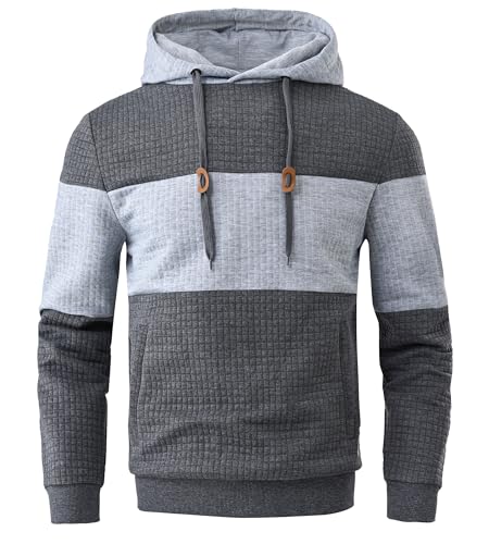 Huayuzh Hoodie Herren Oversize Kapuzenpullover für Herren Langarm Freizeit Jacquard Farbblock Sweatshirt mit Zip Taschen Dunkelgrau Hellgrau 3XL von Huayuzh