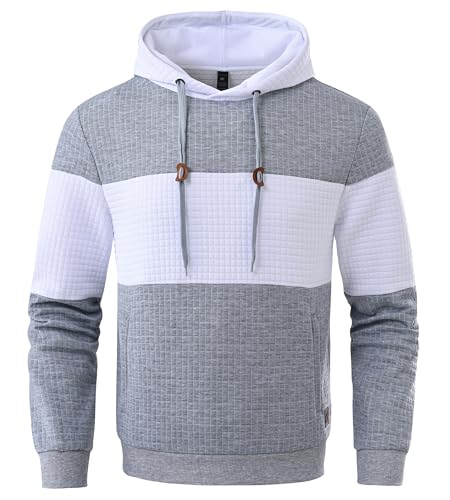 Huayuzh Hoodie Herren Oversize Kapuzenpullover für Herren Langarm Freizeit Jacquard Farbblock Sweatshirt mit Zip Taschen Hellgrau Weiß 3XL von Huayuzh
