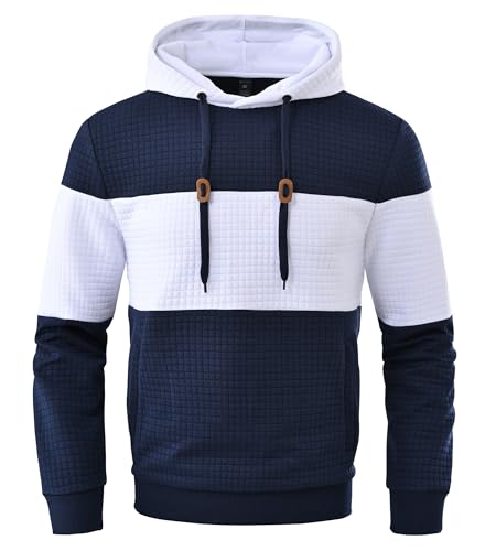 Huayuzh Hoodie Herren Oversize Kapuzenpullover für Herren Langarm Freizeit Jacquard Farbblock Sweatshirt mit Zip Taschen Marineblau Weiß L von Huayuzh