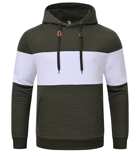 Huayuzh Hoodie Herren Oversize Kapuzenpullover für Herren Langarm Freizeit Jacquard Farbblock Sweatshirt mit Zip Taschen Military Green Weiß L von Huayuzh