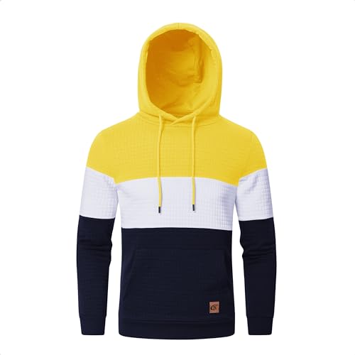 Huayuzh Hoodie Herren Patchwork Pullover Farbblock Kapuzenpullover Casual Langarm Karierten Jacquard Sweatshirt mit Kapuze Gelb-Weiß-Navyblue M von Huayuzh