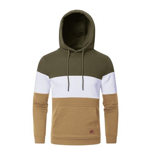 Huayuzh Hoodie Herren Patchwork Pullover Farbblock Kapuzenpullover Casual Langarm Karierten Jacquard Sweatshirt mit Kapuze Military Green/Weiß/Khaki XL von Huayuzh