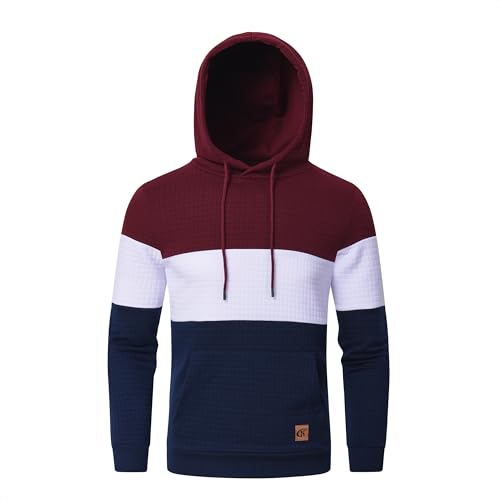 Huayuzh Hoodie Herren Patchwork Pullover Farbblock Kapuzenpullover Casual Langarm Karierten Jacquard Sweatshirt mit Kapuze Weinrot-Weiß-Navyblue XL von Huayuzh