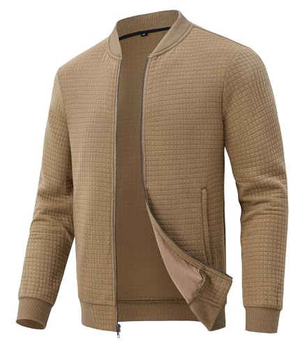 Huayuzh Jacke Herren Bomberjacke Winter Karierten Jacquard Freizeit Alltag Leicht übergangsjacke mit Reißverschlusstasche Khaki 3XL von Huayuzh