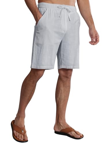 Huayuzh Kurze Hosen Herren Leinen Shorts Sommer Leichte Luftige Lockere Passform Freizeithose Urlaub Strand mit Taschen Hellgrau XL von Huayuzh