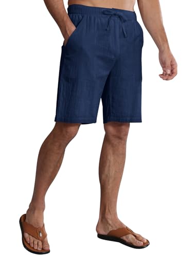 Huayuzh Kurze Hosen Herren Leinen Shorts Sommer Leichte Luftige Lockere Passform Freizeithose Urlaub Strand mit Taschen Marineblau M von Huayuzh
