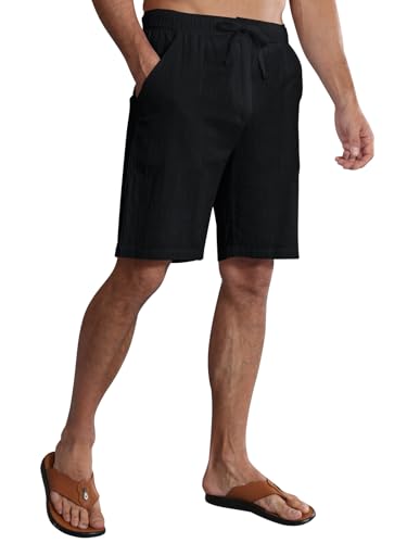 Huayuzh Kurze Hosen Herren Leinen Shorts Sommer Leichte Luftige Lockere Passform Freizeithose Urlaub Strand mit Taschen Schwarz XXL von Huayuzh