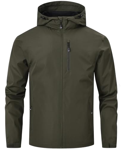 Huayuzh Regenjacke Herren Wasserdicht Leichte Regenmantel Camping Wandern Atmungsaktiv Packbare Softshelljacke mit Kapuze Armee Grün XL von Huayuzh