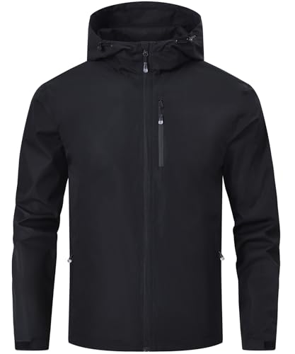Huayuzh Regenjacke Herren Wasserdicht Leichte Regenmantel Camping Wandern Atmungsaktiv Packbare Softshelljacke mit Kapuze Schwarz 2XL von Huayuzh