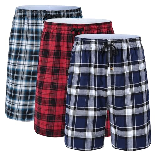 Huayuzh Schlafanzughose Herren Kurz Pyjama Baumwolle 3er Pack Kariert Schlafhose Weich Atmungsaktiv Taschen Knopfleiste 3 Pack-03 XXL von Huayuzh