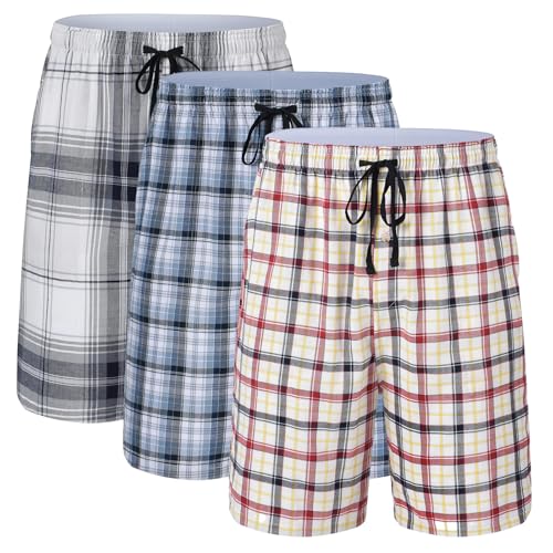 Huayuzh Schlafanzughose Herren Kurz Pyjama Baumwolle 3er Pack Kariert Schlafhose Weich Atmungsaktiv Taschen Knopfleiste 3 Pack-07 3XL von Huayuzh