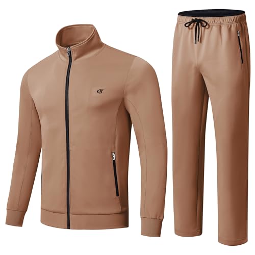 Huayuzh Trainingsanzug Herren 2 Piece Trainingsanzug Set Sportanzug Reißverschlusstasche Jogging Fitness Gym Hausanzug Khaki XXL von Huayuzh