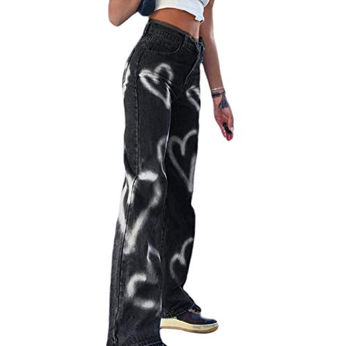 Huazhu Damen Jeans Boyfriend High Waist Jeanshose Straight Leg Denim Hose Bootcut Schlaghose (Schwarz, M) von Huazhu