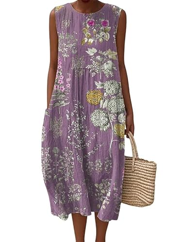 HuazomeeHZM Damen Altmodische ärmellose Midikleider Vintage Grafik 3D gedruckt Rundhalsausschnitt Pullover Sommer Urlaub Strand Einteiliges Kleid von HuazomeeHZM
