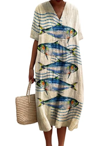 HuazomeeHZM Damen Boho Maxikleid mit V-Ausschnitt Sommer Ozean Fisch Print Kurzarm Kleid Locker Casual Strand Urlaub Langes Kleid von HuazomeeHZM