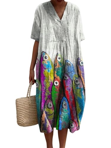HuazomeeHZM Damen Boho Maxikleid mit V-Ausschnitt Sommer Ozean Fisch Print Kurzarm Kleid Locker Casual Strand Urlaub Langes Kleid von HuazomeeHZM