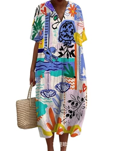 HuazomeeHZM Damen V-Ausschnitt Boho Maxikleid Sommer Blumendruck Kurzarm Kleid locker Casual Strand Urlaub Langes Kleid von HuazomeeHZM