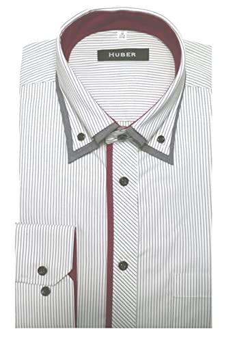 Huber Hemden Button-down Streifen Weiss-grau Kontrast rot XL von Huber Hemden