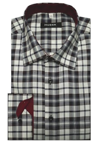 HUBER Herren Hemd Langarm rot grau kariert mit Kontrast softweicher Twill M von HUBER