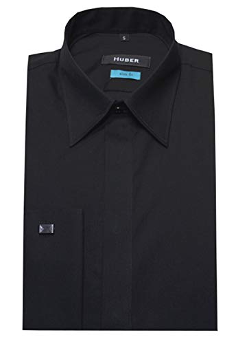 Huber Slim Fit Herren Hemd Langarm mit Umschlagmanschetten figurbetont schwarz M von HUBER