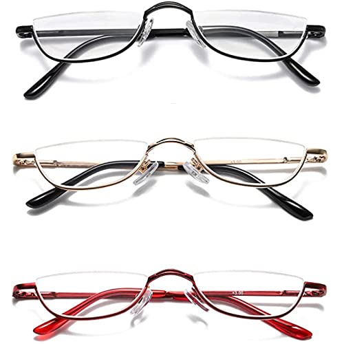Hubeye 3 Paar Halbmond-Lesebrille Metall Slim Halbrahmen Linse Ultra Dünn Leser mit Federscharnieren für Damen und Herren 1,50 von Hubeye