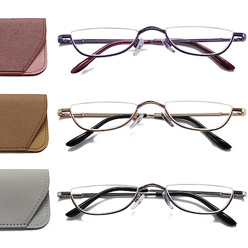 Hubeye 3 Paar Halbmond Lesebrille Metall Slim Halbrahmen Linse Ultradünne Leser mit Federscharnieren für Damen und Herren 1,50, Lila/Gold/Silber, Mini-Größe, 100g von Hubeye