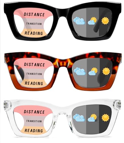 Hubeye Selbsttönende Gleitsicht Progressive Multifokus Lesebrille für Damen Photochrome Modische Katzenaugen Anti-Blaulicht Lesehilfe UV400 Schutz Sonnenlesebrille 3.00 von Hubeye
