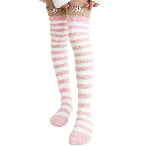Oberschenkelhohe Fuzzy-Socken, Flauschige Kniestrümpfe | Cartoon-Tier-Korallenfleece-Stulpen über dem Knie gestreift | Hohe Socken für Damen, lange Socken für kaltes Wetter Hudhowks von Hudhowks
